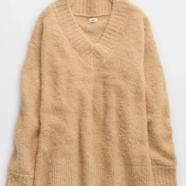 Aerie Teddy Boucle Sweater V Neck Soft Comfy in Koko Brown Size XXS NWT - Image 3