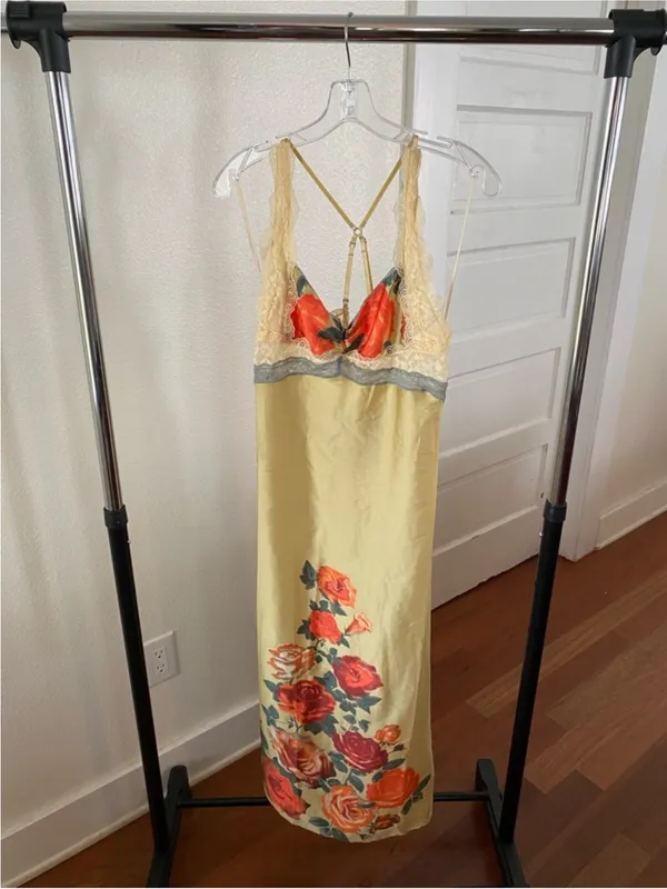 Free People Yellow Satin Floral Slip with Red Rose Accents NEW - Image 3