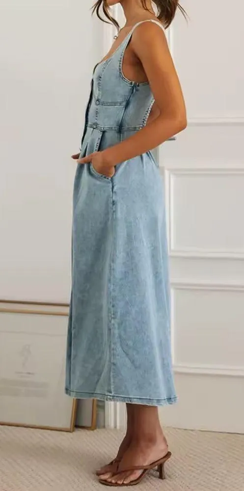 Boutique Light Blue Denim Button Front Sleeveless Midi Dress w/ Pockets - Image 4