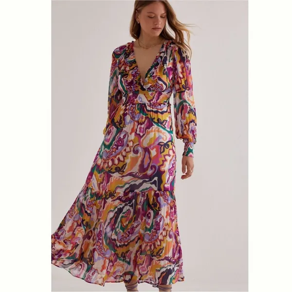 Anthropologie The Odetta Ruffled V-Neck Dress Pink Floral - Image 4