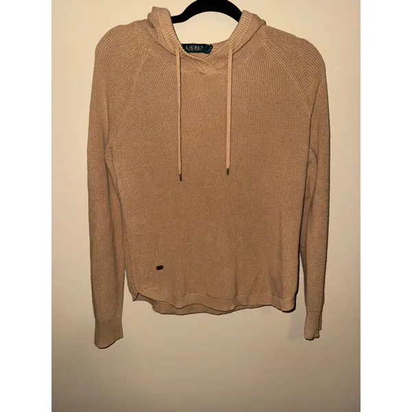 Lauren Ralph Lauren Womens Tan Waffle Knit Hooded Pullover Sweater Size M Preppy - Image 2
