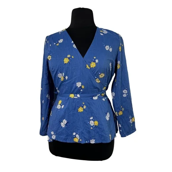 Old Navy Women Large Blue Floral Daisy‎ Wrap Top V-Neck Long Sleeve Blouse NEW - Image 4