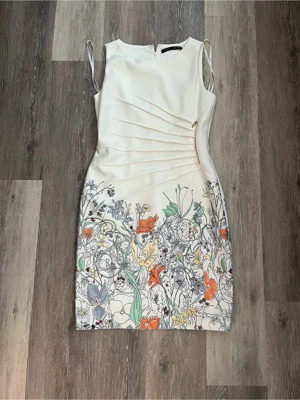 Ivanka Trump Floral Sheath Dress Womens Size 14 Ivory Sleeveless Gold Zipper - Image 2