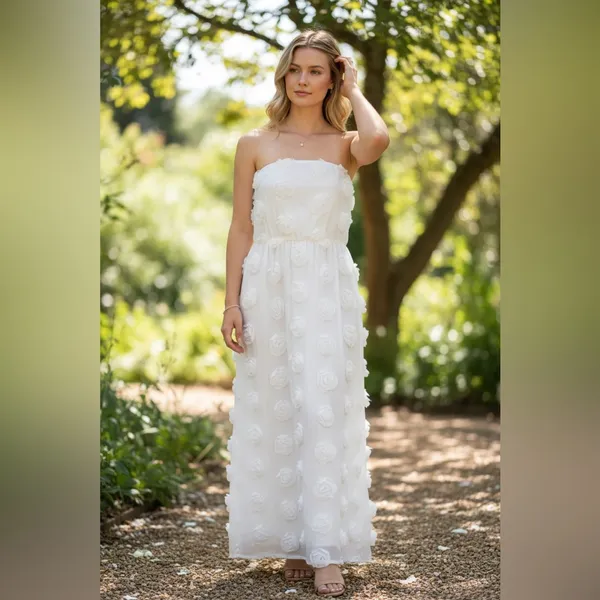 NWOT Lulus Posh Appearance White 3D Floral Applique Strapless Midi Dress L - Image 5