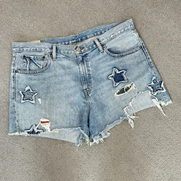 Polo Ralph Lauren‎ Distressed Star Patch Crosby Denim Shorts Blue Size 32 - Image 3