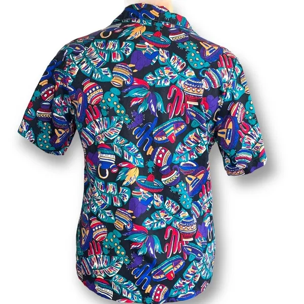 Vintage Colorful Festival Button Up‎ Shirt Southwestern Medium Novelty Print - Image 4