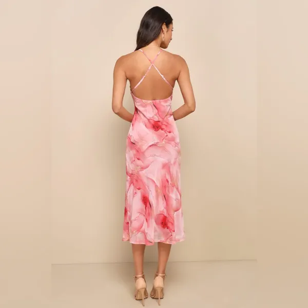 LULU’S Bright Charm Pink Abstract Pink Chiffon Slip Midi Dress - Image 6