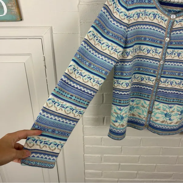 Blue Patterned Knit Cardigan Sweater Size L - Image 5