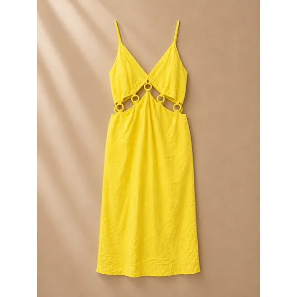 Future Collective Women Dress 2 Yellow Linen Blend Ring Cut-Out Midi Sundress - Image 2