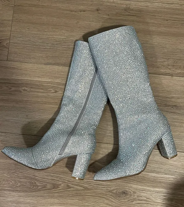 Pointed Toe Rhinestone Block Heel Boots Silver Size 8.5 - Image 2