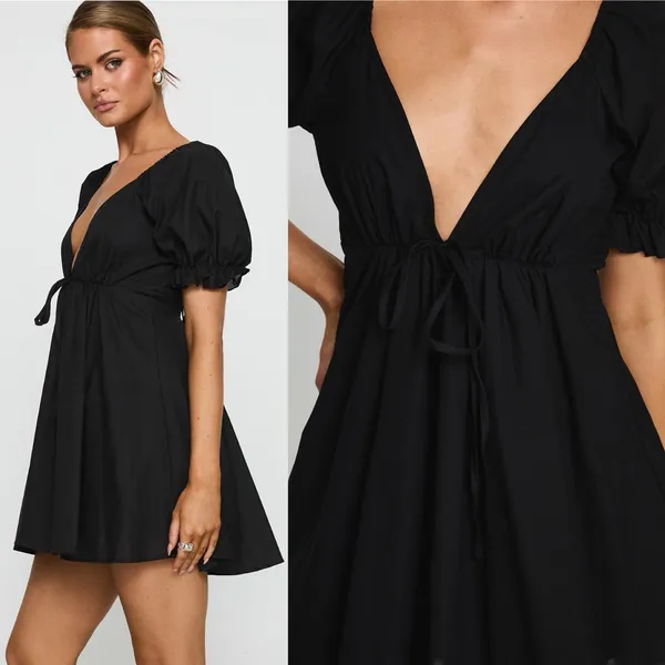 Princess Polly Blissful Black Puff Sleeve Plunge Mini Dress Womens US 10 New NWT - Image 4