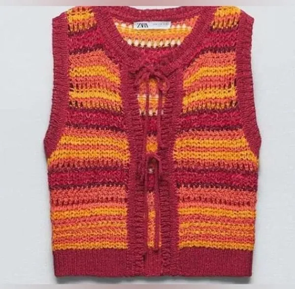 Zara Tie Front Bows tank top knit crochet red orange ganni trendy summer coverup - Image 7