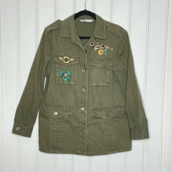Zara Basic Z1975 Denim Military Utility Jacket Olive Green Embroidered Bird M - Image 5
