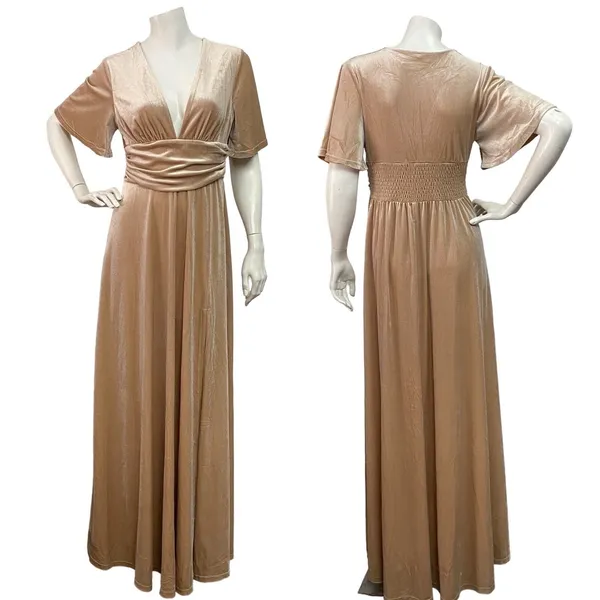Baltic Born Women's Medium Tan V-Neck Bridesmaid Short Sleeve Velvet Maxi Dress - Image 2