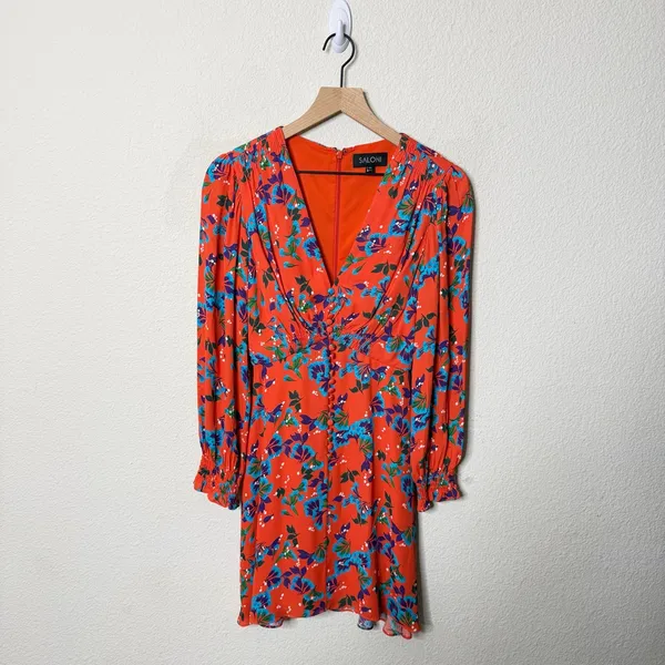 Saloni Eve Mini Dress Tangerine Sweetpeas‎ Chiffon Viscose Smock V Neck Size 0 - Image 8