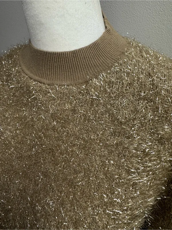 Maeve Violette Short-Sleeve Tinsel Pullover Sweater Metallic Gold Honey Small - Image 6