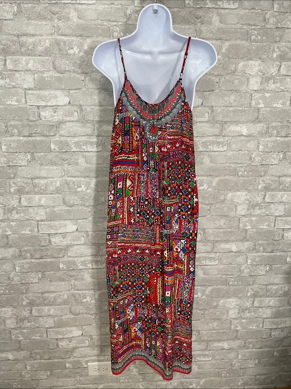 INOA Red Mixed-Print Silk Spaghetti-Strap Maxi Dress - Image 3