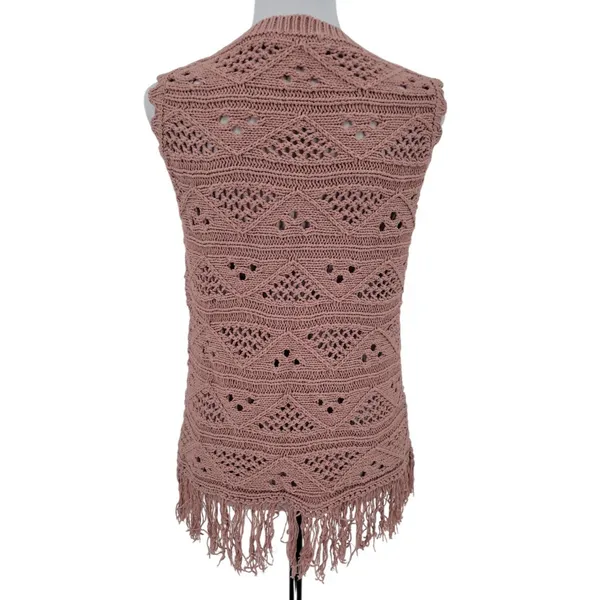 Crochet Open Knit Top Fringe Womens Size M Rose Pink Boho Beachy Coastal - Image 2