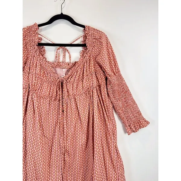 Free People Mini Dress Red Star Dip Smocked Allover Print Loose A Line Large - Image 7