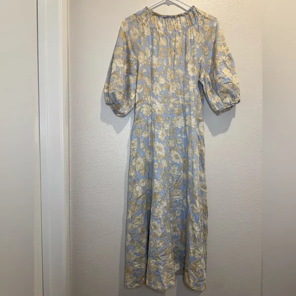Rebecca Taylor Short‎ Sleeve Satin Leaf Floral 100% Cotton Maxi Dress Size 8 - Image 9