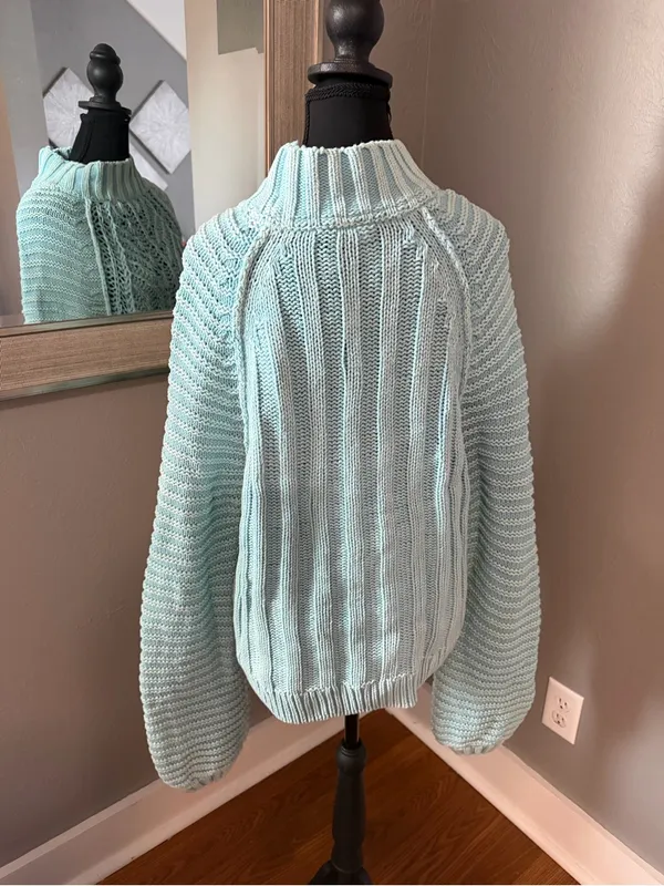 Free People Sweetheart Sweater Blue Chunky Knit Ribbed Mock Neck Medium - Image 4