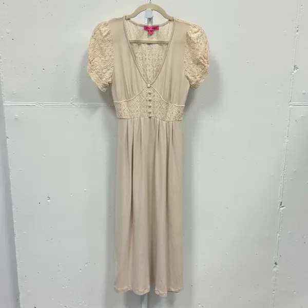 Betsey Johnson Mosaic Lace Puff-Sleeve Midi Dress Crochet Back Cream Sm JL408532 - Image 4