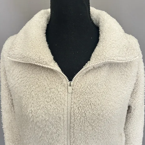 Athleta Tugga Jacket Womens M Sherpa Teddy Fleece Full Zip Cozy Ivory‎ Medium - Image 6