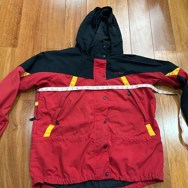L.L. Bean Rain Jacket Womens Red Black Colorblock‎ Hooded Mesh Lined Large - Image 9