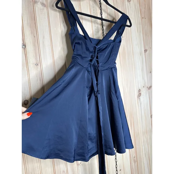 NWT Lulus Admirably Chic Navy Blue Satin Lace-Up Mini Dress With Pockets Party S - Image 5
