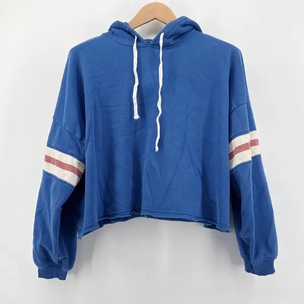 American Eagle Varsity‎ Blue Crop Hoodie Striped Sleeve Sweatshirt Medium - Image 2