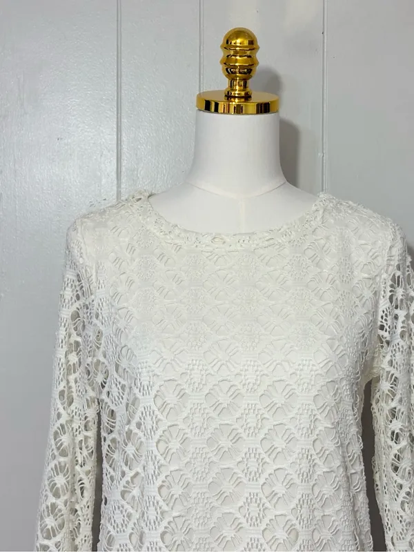 T-Bags Los Angeles Ivory Crochet Lace Long Sleeve Mini Dress Size L - Image 2
