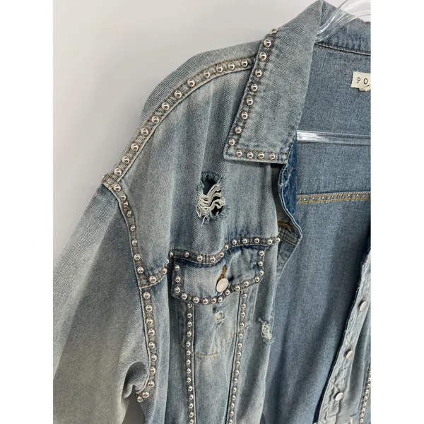 POL Denim Jean Jacket Womens S Blue Studded‎ Distressed Oversized - Image 4