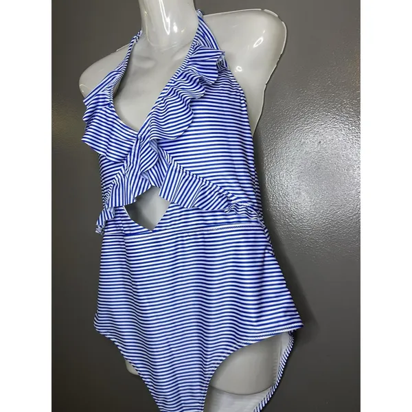 Aerie Swimsuit Womens XL Blue Stripe Ruffle Halter One Piece Front Cutout - Image 4