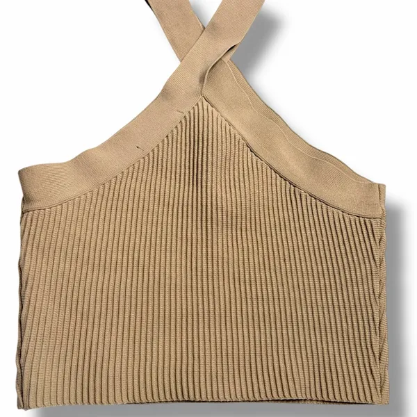 Tan Ribbed One Shoulder Halter Crop Top Sz S a35 - Image 2