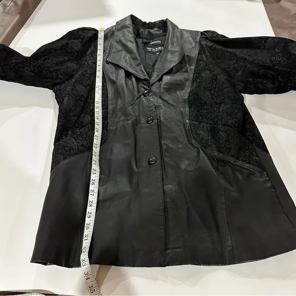 Vintage 80s Wilsons Black Leather Paisley Print Long Sleeve Coat‎ Size M - Image 13