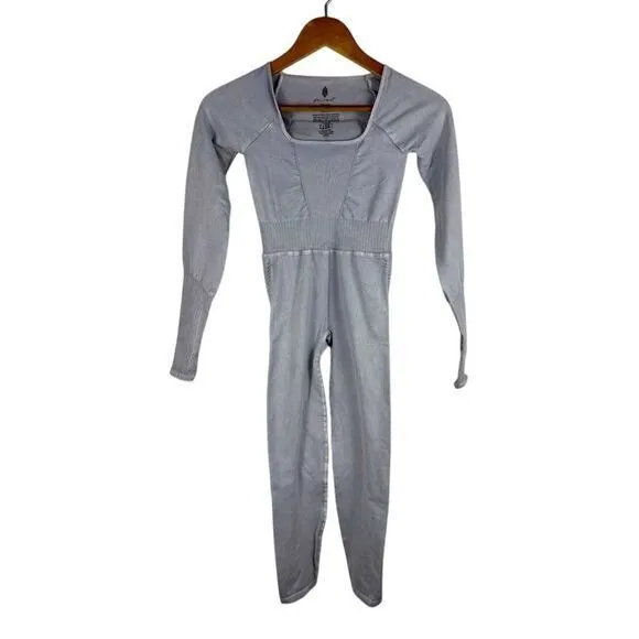 Free People Movement XS Good Karma Long Sleeve Long Sleeve Jumpsuit Ice‎ Grey - Image 2