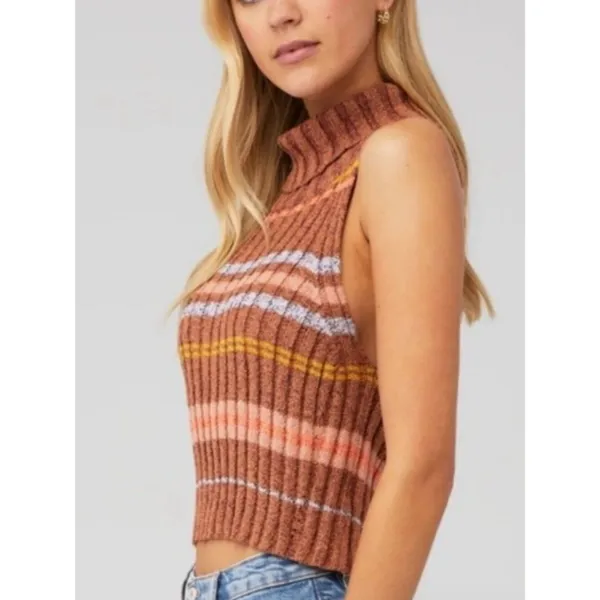 Free People L Edith Striped Turtleneck Sweater Brown Crop Tank Sleeveless Ribbed - Image 2