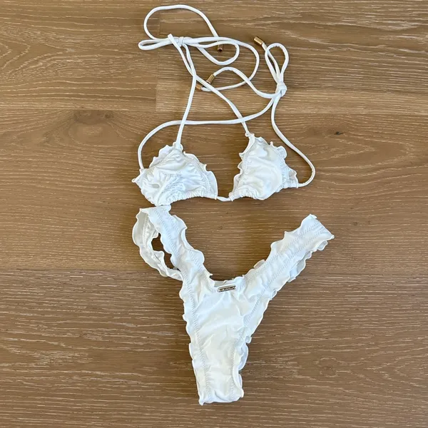 Hello Molly Bikini Halter Neck Lettuce Edge Ruched Sunny Squeeze Size XS White - Image 5
