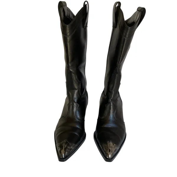 ZARA Women’s Black Western Cowboy Boots Size 37 US 6.5 Silver Metal Toe Y2K - Image 3