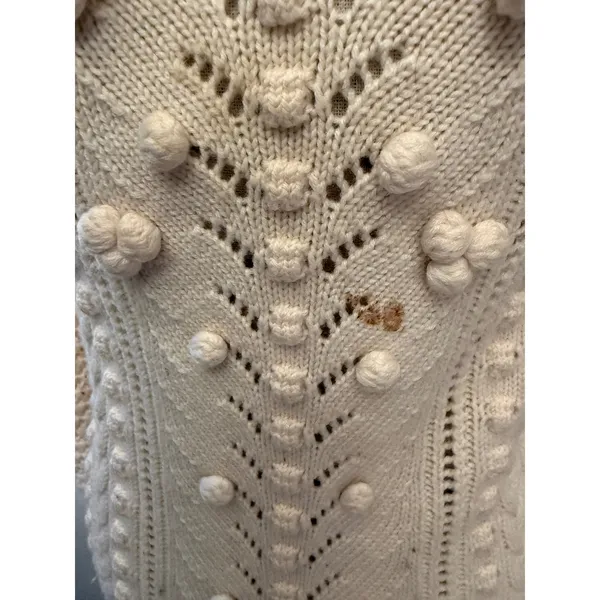 Sézane La Maille Wool Pom Pom Pointelle Cable Knit Sweater Cream XS Mock Neck‎ - Image 3