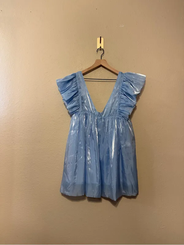 Storia Deep V-Neck Sheen Mini Dress in Sky Blue Size Medium NWT - Image 3