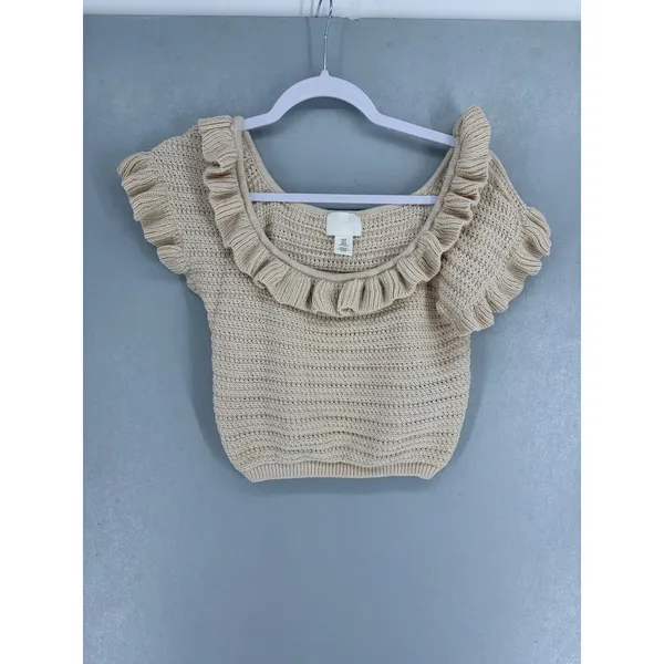 H&M Womens Sweater Top Beige Ruffle Neck Short Sleeve Knit Medium - Image 2