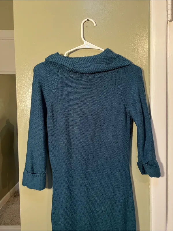 Pink Rose Women’s Size Medium Cowl Neck Sweater Dress Turquoise Green Blue Cable - Image 6