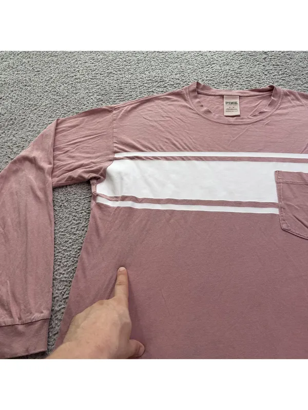 Victoria’s Secret PINK Long Sleeve Shirt Womens M Pink Stripe Logo Pocket Tee - Image 8