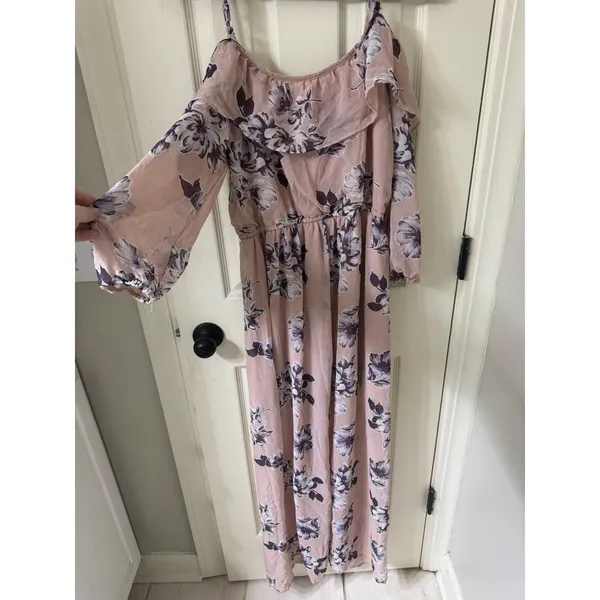As U Wish Pink Purple Floral Cold Shoulder Ruffle Maxi Dress Adjustable Straps M - Image 6