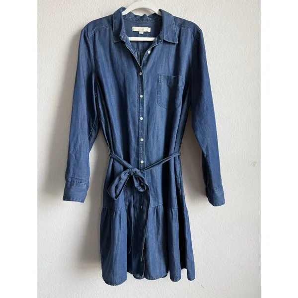 LOFT Chambray Flounce Shirt Dress Tie Waist Long Sleeve Blue Women Large Coastal - Image 11
