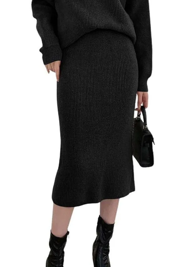 NEW Black Sweater ribbed Knit MIDI Skirt M - Image 2