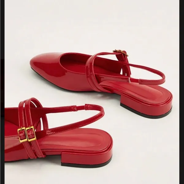 Red patent faux leather square toe double strap buckle strappy flats - Image 2