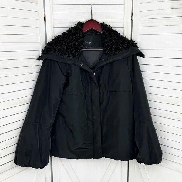 Simply Vera Puffer Jacket Faux Fur Collar Hood‎ Black Medium Balloon Sleeve - Image 10