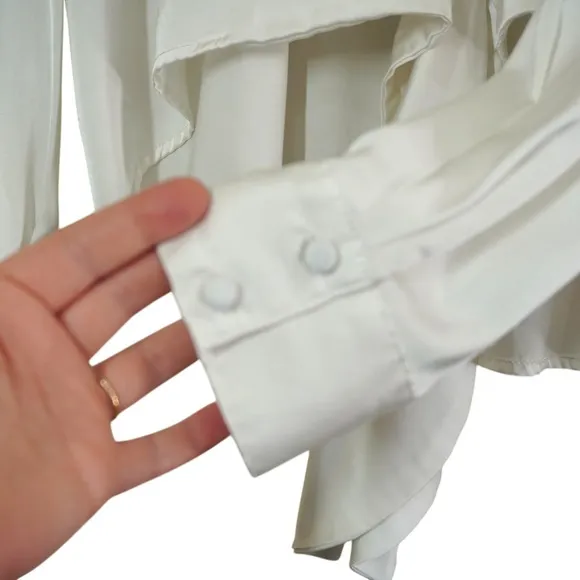 Hutch Medium White Cream Satin Tie‎ Front Long Sleeve Button Down Blouse Chic - Image 3